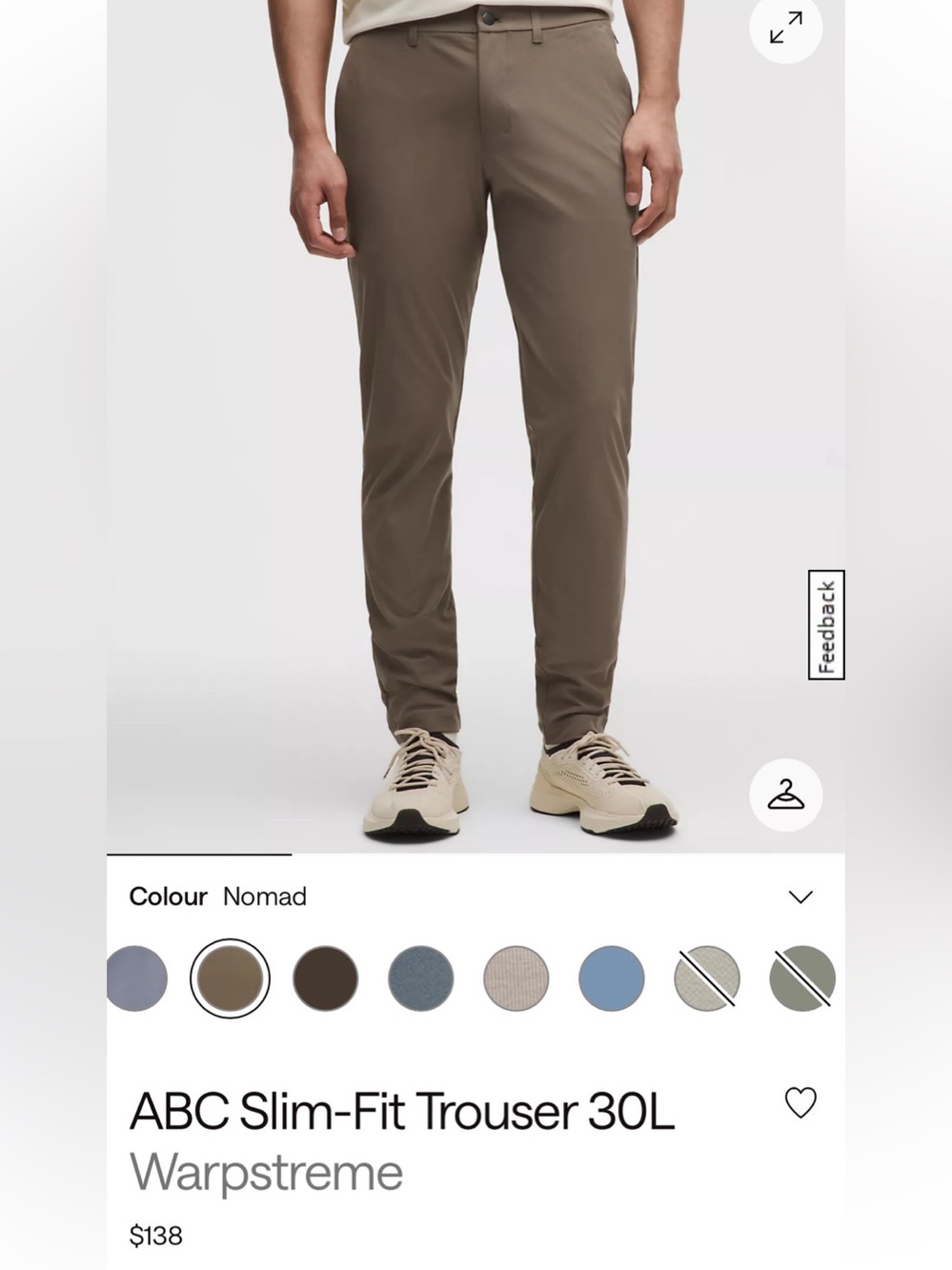 Lululemon ABC Slim-Fit Trouser 30L (Nomad) Waist 34